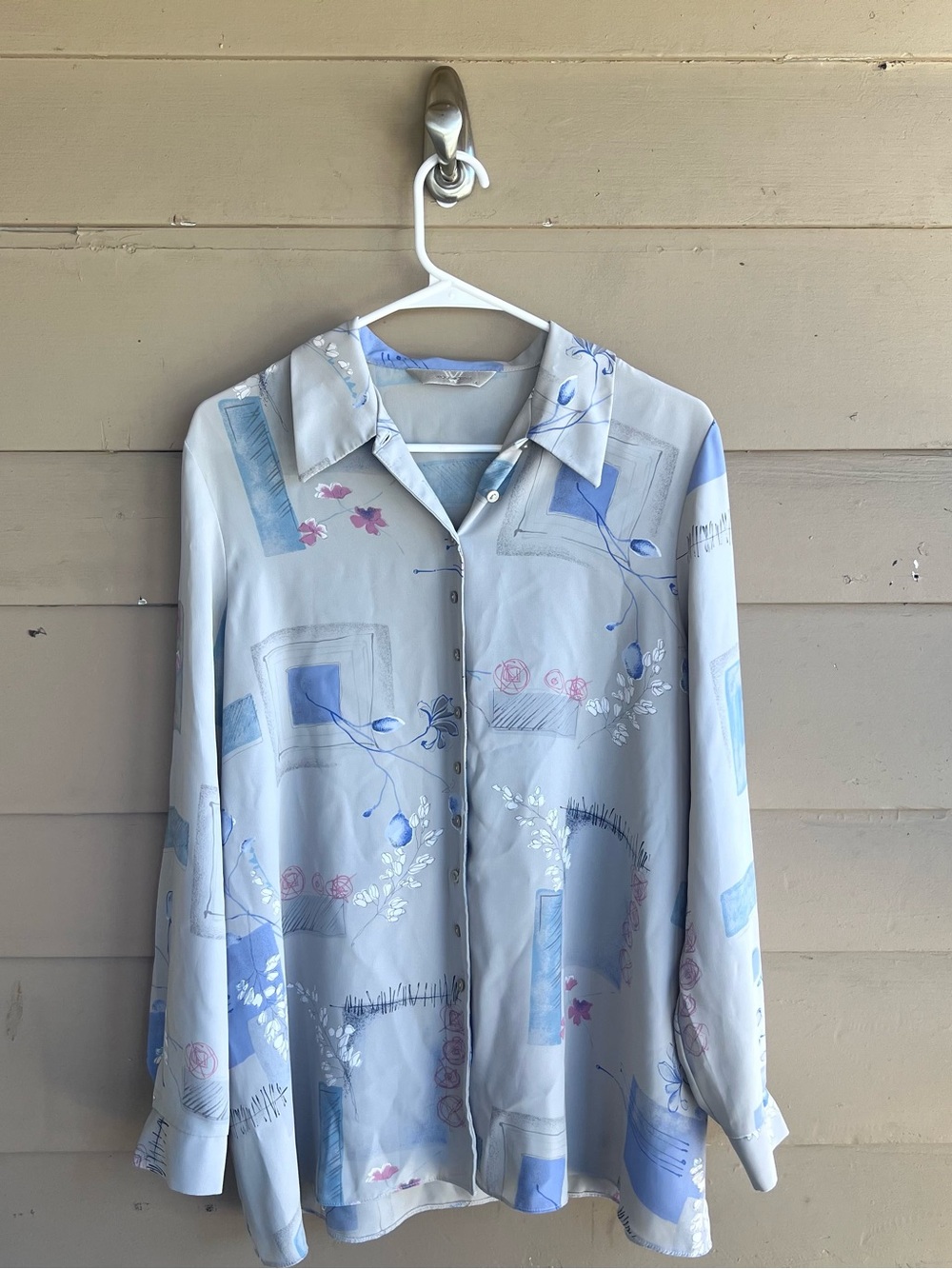 Vintage Woolworths Floral Geometric Button Down Shirt Gray Blue Purple Size 14